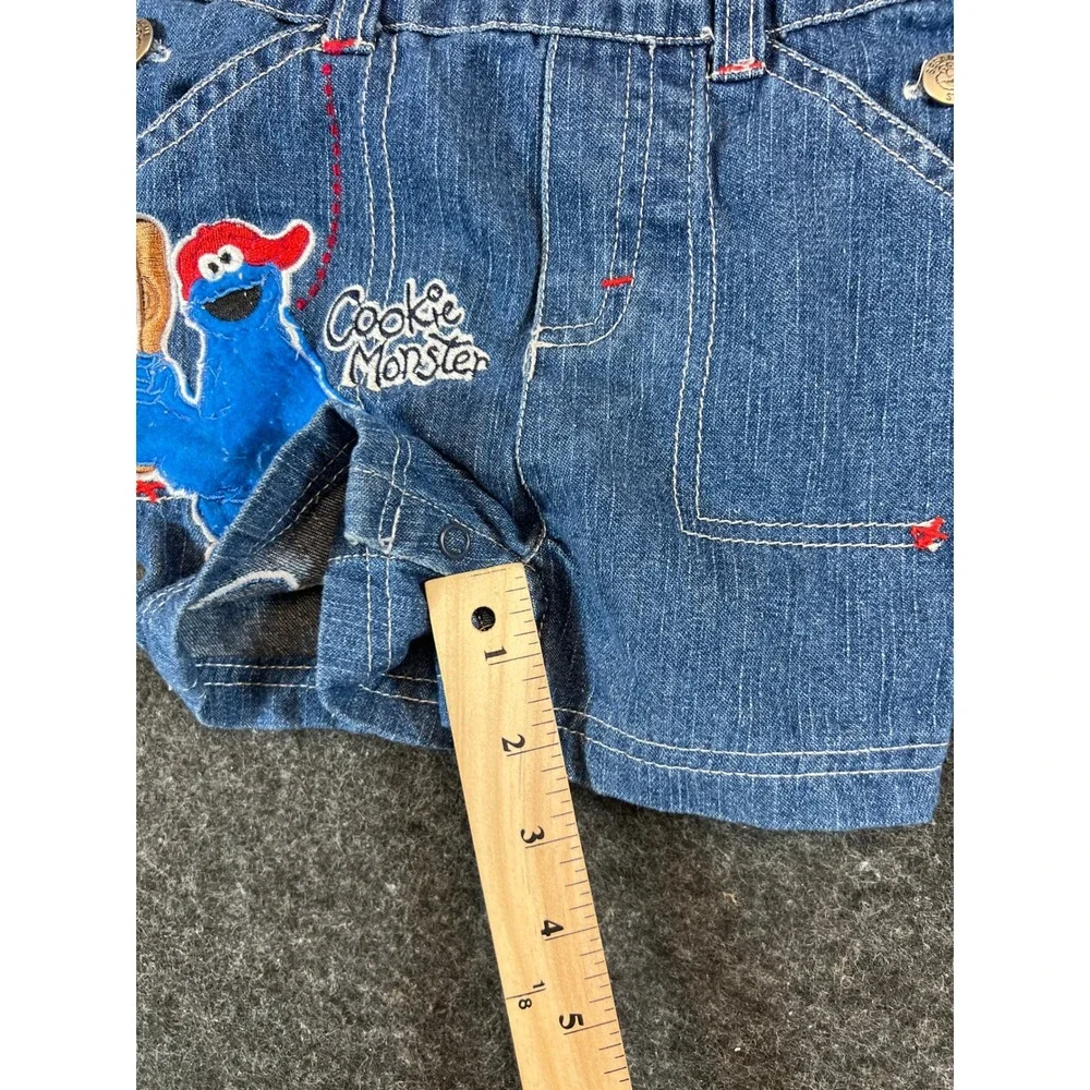 Sesame Street Elmo Cookie Monster Denim Shortalls Baby 3/6M Blue Baseball Retro
